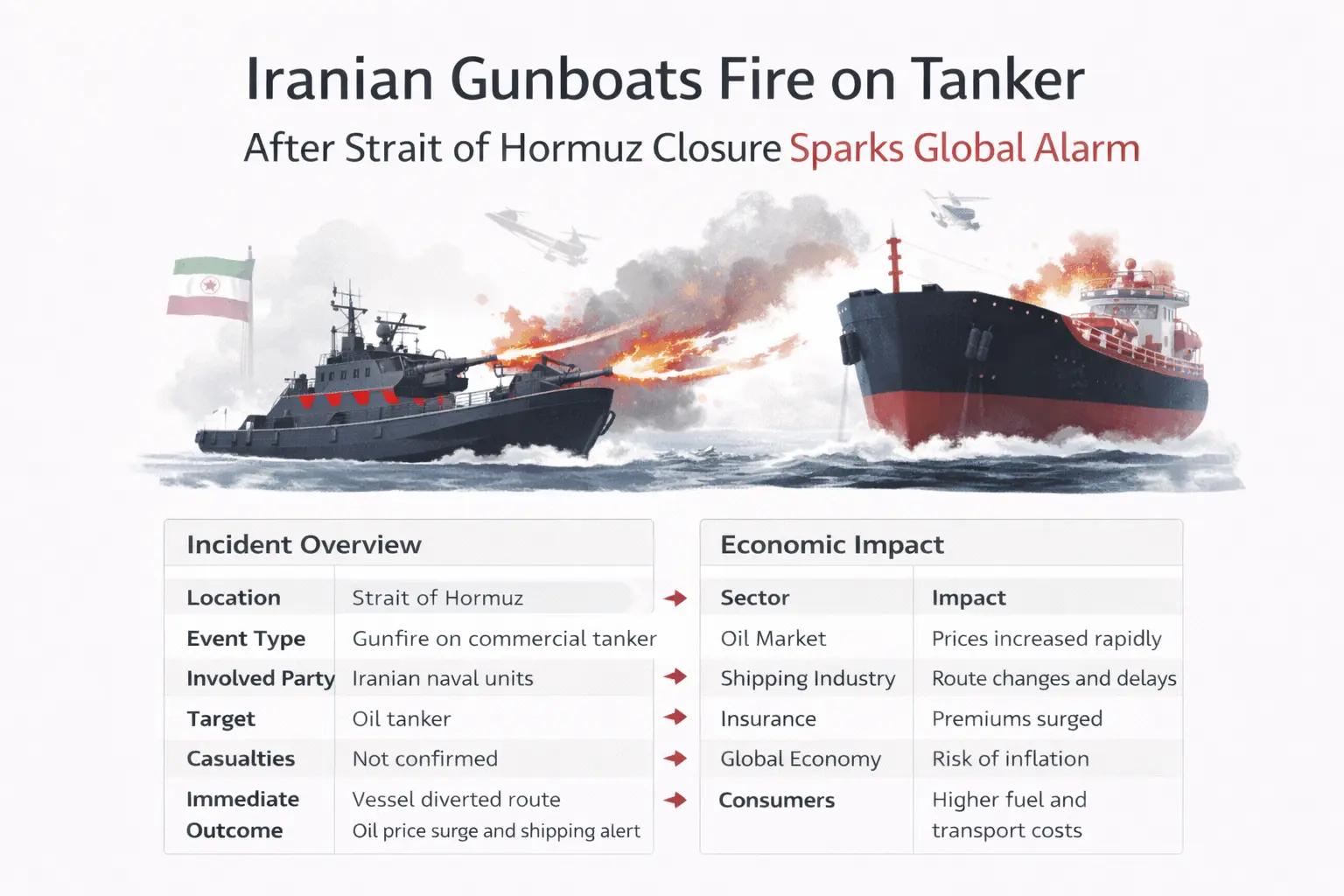 Iranian Gunboats Fire on Tanker After Strait of Hormuz Closure Sparks Global Alarm